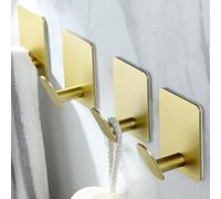 4 Pack Stainless Steel Adhesive Wall Hooks, Strong Hold Coat & Towel Hooks, No Drill Sticky Command Hooks for Bathroom Kitchen (Gold)