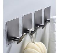4 Pack Stainless Steel Adhesive Wall Hooks, Strong Hold Coat & Towel Hooks, No Drill Sticky Command Hooks for Bathroom Kitchen (Black, Grey, Gold) (Gray)