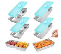 4 Pack Stainless Steel Food Snack Containers with Sealed Lids, Reusable 2 Compartments Snack Box Meal Prep Containers for Kids Adults, Leakproof Metal lunch boxes for School Travel Kitchen Storage