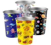 4 Pack Stainless Steel Kids Drinking Cups, 350ml Cute Toddler Tumblers Mugs for Coffee Milk Water, Reusable for Party, Camping, Indoor, Outdoor, (Yellow Boom, Blue Ocean, Black Space, White Unicorn)