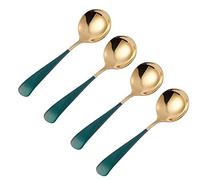 4-Pack Stainless Steel Palace Style Soup Spoons Large Bowl 1.8" Round Head Stainless Steel Heavy Duty Food Serving Spoons,6.3×1.8 Inch (Green Gold)