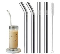 4 Pack Stainless Steel Straws, 215mm Long 2 Straight & 2 Bent Metal Straws with 1 Cleaning Brush, Reusable Steel Drinking Straws for Cocktails, Cold/Hot Drinks & Jumbo Beverages