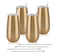 4 Pack Stemless Champagne Tumbler, Champagne Insulated Tumblers, Double Insulated Champagne Glass 6 Oz Reusable Champagne Toasting Glasses with Lid, Stemless Champagne Flute Wine Tumbler (Gold)