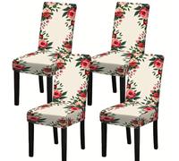 4-Pack Stretch Dining Chair Covers Red Flowers Soft Spandex Washable Seat Covers,Removable Slipcovers,Protector Cover Seat For Hotel,Dining Room,Ceremony