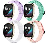 4 Pack Stretchy Bands Compatible with Fitbit Versa 3/Fitbit Versa 4/Fitbit Sense 2/Fitbit Sense Bands Women Men, Adjustable Elastic Breathable Loop Nylon Replacement Straps for Fitbit Sense & Versa 3