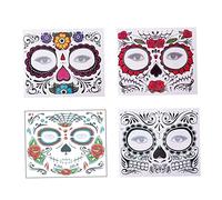 4 Pack Sugar Skull Face Temporary Tattoo Halloween Makeup Tattoo Stickers for Halloween Masquerade Party(Floral, Red Roses,Black and Floral Skeleton)
