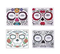 4 Pack Sugar Skull Face Temporary Tattoo Halloween Makeup Tattoo Stickers for Halloween Masquerade Party(Floral, Red Roses, Black and Floral Skeleton) for Daily Use
