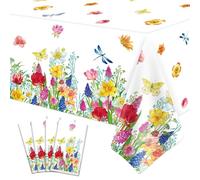 4 Pack Summer Floral Plastic Tablecloth Watercolor Wild Flowers Table Cover Spring Disposable Plastic Tablecloth Picnic Table Cloth Flower Party Decorations Flower Theme Birthday Decor 86 x 51 Inch