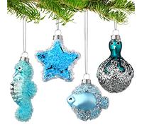 4 Pack Summer Ocean Tree Decorations Christmas in July Ornaments Gift Blue Glass Coastal Hanging Decor Sea Animal Ornaments Starfish Beach Christmas Tree Decorations for Home Summer Beach Party Decor