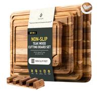 4 Pack Teak Wood Cutting Board Set for Kitchen Heavy Duty Non Toxic Non Slip Solid Thick Wood Haus Chopping Board Extra Large Big Small Meat Best Essential House Warming Hostess Host Gift