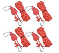 4 Pack Tent Guy Ropes Heavy Duty, 6mm Camping Cord Rope Reflective, Awning Guide Ropes 5M, Rope Ratchet Adjustable with Pulley, with Aluminum Tensioner for Hiking Caravan Outdoor (Red, 6mm)