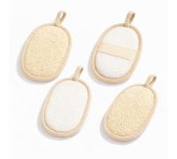 4 Pack Thick Oval Natural Luffa Sponge with Textured Exfoliating Surface & Reinforced Rope Edge - Back Hand Strap for Secure Grip & Hanging Loop, Eco-Friendly Bath & Shower Scrubber