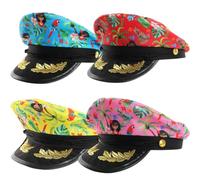 4 Pack Tropical Captain Hats Multicolour Sailor Caps Summer Party Set | Tropical captain hat set of 4, summer sailor caps, pink blue yellow red multipack, luau party accessory, festival group hats