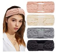 4 Pack Twisted Knit Headbands Winter Knotted Cable Head Wraps Thick Crochet Turban Ear Warmer Elastic Hair Band for Girl Women Winter Accessories(Black)