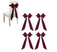 4 Pack Velvet Chair Bows for Christmas Decorations - 30x75cm Burgundy Red Pre-Tied Sashes for Dining Chairs - No Tie Elastic Chair Bands for Wedding, Xmas Party & Kitchen Cupboards