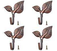 4 Pack Vintage Leaf Cast Iron Wall Pegs, Heavy Duty Anti-Rust Coat Hooks with Screws, Smooth Polished Rustic Decorative Hooks for Hallway Bathroom Bedroom Flats (Red Bronze)