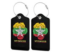 4 Pack Vintage Myanmar Myanmarese Burma Burmese Rose Flag Leather Luggage Tag for Suitcase with ID Label Privacy Cover Address Card Stainless Steel Loop Travel Tags for Cruise Ships Airport