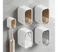 4 Pack Wall Mounted Toothbrush Holder with Lid - Self Adhesive No Drill, Clear Acrylic Dust-Proof Cover, Electric Toothbrush Holder Set for Bathroom, Hygienic Organizer for Family Travel
