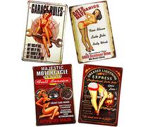 4 Pack Warning Signs Garage Rules Pin Up Vintage Metal Signs Wall Art Decor (I)