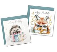 (4 Pack) Watercolour Style Fox & Hedgehog Happy Birthday Woodland Greetings Cards - Includes Deep Teal Coloured Envelope - Made in the UK