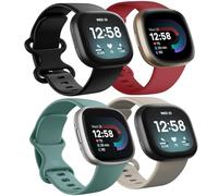 4 Pack Waterproof Bands Compatible with Fitbit Versa 3 / Fitbit Versa 4 / Fitbit Sense/Sense 2 Bands, Classic Soft Sports Replacement Wristbands for Women Men (Black/Green/Red/Starlight, Large 7.1