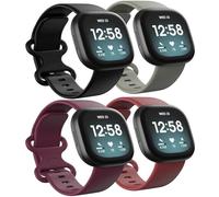 4 Pack Waterproof Bands Compatible with Fitbit Versa 3 / Fitbit Versa 4 / Fitbit Sense/Sense 2 Bands, Classic Soft Sports Replacement Wristbands for Women Men (Black/Grey/Purple/Red, Small 5.5''-7.1