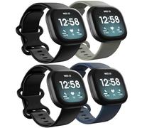 4 Pack Waterproof Bands Compatible with Fitbit Versa 3 / Fitbit Versa 4 / Fitbit Sense/Sense 2 Bands, Classic Soft Sports Replacement Wristbands for Women Men (Black/Black/Grey/Navy, Large 7.1''-8.7