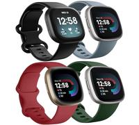 4 Pack Waterproof Bands Compatible with Fitbit Versa 3 / Fitbit Versa 4 / Fitbit Sense/Sense 2 Bands, Classic Soft Sports Replacement Wristbands for Women Men (Black/Blue gray/Red/Dark green, Large