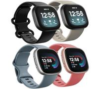 4 Pack Waterproof Bands Compatible with Fitbit Versa 3 / Fitbit Versa 4 / Fitbit Sense/Sense 2 Bands, Classic Soft Sports Replacement Wristbands for Women Men (Black/Starlight/Blue gray/Pink, Large
