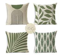 4 Pack Waterproof Sofa Cushions 55x55cm - Summer Linen Decorative Pillows for Living Room Bedroom Garden Plants & Floral Stripes Sage Green LY-363