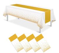 4 Pack White Gold Tablecloth with Printed Gold Runner, 108x54 Inch Disposable Plastic Table Cloth, Wipeable Waterproof Table Cover for Birthday Wedding Christening Baptism Anniversary Party Decoration