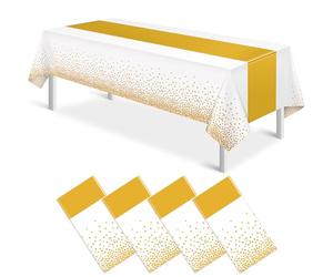 4 Pack White Gold Tablecloth with Printed Gold Runner, 108x54 Inch Disposable Plastic Table Cloth, Wipeable Waterproof Table Cover for Birthday Wedding Christening Baptism Anniversary Party Decoration
