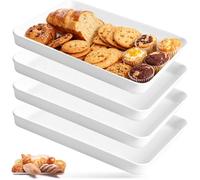 4 Pack White Plastic Serving Platters, Reusable Party Breakfast Buffet Serving Trays Set, BPA Free Multipurpose Plates for Snacks, Food, Cookies, Fruit, Dessert, Sandwich, Tea, Drink, Dinner