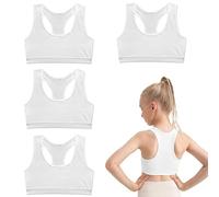 4 Pack White Sports Bra for Girls and Teens - Training Crop Top, Unpadded Wireless Air Wedge Bag Pump for Kids 8-14 Years