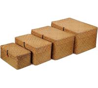 4 Pack Wicker Storage Baskets with Lid, Woven Rattan Storage Boxes for Shelves, Rectangular Seagrass Baskets, Stackable Wardrobe Organizer for Shelf Organizer, 4 Sizes