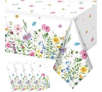 4 Pack Wildflower Floral Tablecloth, 108 x 54 Inch Watercolor Spring Flower Plastic Wipeable Waterproof Disposable Table Cloth for Afternoon Tea Garden Party Birthday Wedding Baby Shower Picnic Decor