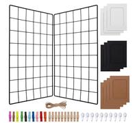 4-Pack Wire Grid Wall Panels 15.7×11.8 in, Metal Memo Boards with Photo Frames, Hanging Clips, Hooks & Rope, Decorative Wall Display Organizers