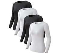 4 Pack Women Long Sleeve Running Top Rash Vest Compression Shirt Sport Gym Workout Tops Base Layer for Ladies Quick-Dry Black White Black White X-Large