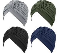 4 Pack Women Turban African Knot Beanie Pre-Tied Bonnet Chemo Cap Hair Loss Headwrap Sleep Hat Stretchy Head Wraps Pleated Headwear for Black Women