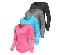 4 Pack Women's Gym Shirts Tops Long Sleeve Tee Yoga Running Top Workout T-Shirt Lightweight Moisture Wicking Quick Dry UPF 50+ Sun Protection Loose Fit V-Neck for Ladies Set2 2XL