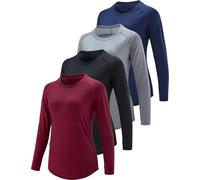 4-Pack: Womens Long Sleeve Athletic Tops with Thumb Holes - Dry Fit Active Crewneck Workout Tees, Navy/White/Black/Dark Maroon, M