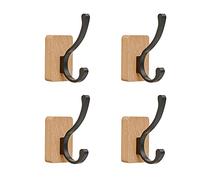4 Pack Wood Coat Hooks Self Adhesive Wall Hooks Coat Hanger Racks Waterproof Wooden Hook No Drilling Stick on Wall Door Single Organizer for Clothes Towel Hat Keys Robe Bathroom Bedroom Decor, A