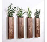 4 Pack Wood Indoor Planter, Modern Wall Decor for Living Room, Farmhouse Pocket Vases for Dried Flowers and Faux Greenery - Brown