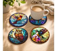 4 Pack Wooden Coasters, Stained Glass Style Bird Dragonfly Owl Hummingbird | colorful wooden coasters help protect tables from drink rings while adding bird-inspired charm to coffee tables and parties