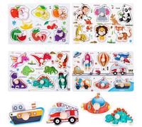 4 Pack Wooden Peg Puzzles for Toddlers 1-3, Kids' Educational Preschool Peg Puzzle Toy, Toddler Puzzles -Animal, Traffic,Number, Dinosaur, Vegetable and Fruit, Gift for Ages 1 2 3 Boys and Girls