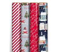 4 Pack x 7M Christmas Wrapping Paper Roll - Home, Strips, Cars and Lettering Designs Ideal Presents Gift Wrapping Paper Roll for Christmas Festival, Xmas Party, Birthday, Weeding, Festive Decoration