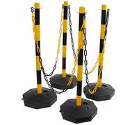 (4 Pack) Yellow & Black Plastic Chain Post Set Demarcation Safety Chain Barrier Post Pole with Base and 6mtr Plastic Chain