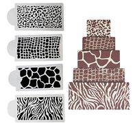 4 Pack Zebra Leopard Snake Crocodile Skin Pattern Cake Border Embossed Decorating Molds Plastic Fondant Template DIY Baking Tools Coffee Spray Stencils Powdered Sugar Sieve PVC Mold