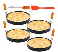 4 Packs 6 Inch Pancake Ring for Griddle, 6"Omelette Ring for Griddle, Non-stick Stainless Steel Pancake Egg Ring Omelet Mold Pancake Mold Cake Mold Crumpet Circle Silicone Handle Spatula & Oil Brush