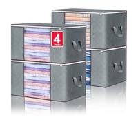 4 Packs 90L Clothes Storage Bags, Foldable Clothing Storage Bags Organizer, Large Storage Box with Zips & Reinforced Handle & Clear Window for Bedding,Blankets & Comforters Grey